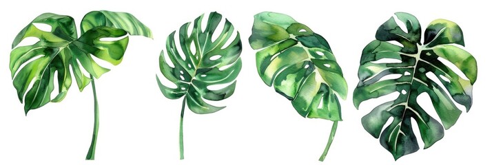 Monstera Illustration. Watercolor Tropical Plant with Green Exotic Leaves