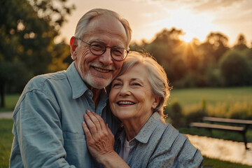 Elderly Couple Happily Embracing Against the Sunset in a Picturesque Park. Warm Moment of Love: Elderly Couple Enjoying an Embrace at Sunset in a Park Setting