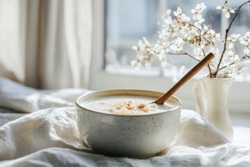 A white ceramic bowl of cereal sits on a sunlit table, accompanied by blossoming branches, reflecting tranquility and morning serenity.
