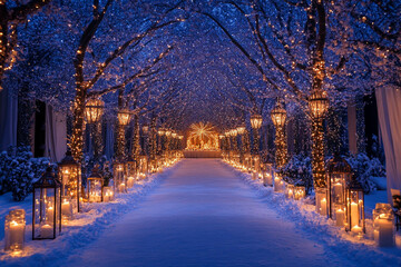 A beautifully lit winter pathway lined with glowing lanterns and candles, surrounded by snow-
