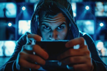 Fototapeta premium Movie On Phone. Online Streaming of Motion Picture on Smartphone in Cyberspace