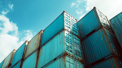 Fototapeta premium Stacked blue shipping containers under a clear sky