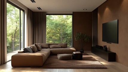Modern living room with brown decor, large windows, and comfortable sofa