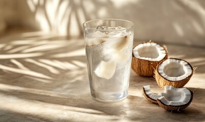 A glass of water with a piece of coconut on the side