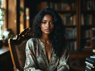 A young woman with long, dark hair sits in an ornate wooden chair against a blurred backdrop of book