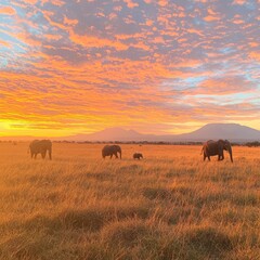 Fototapeta premium Elephants grazing in a golden landscape during a vibrant sunset.