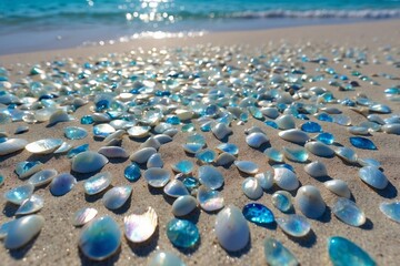 Obraz premium Blue Sky Above the Bright Blue Ocean, Sparkling in the Sun, with Small Iridescent Shells