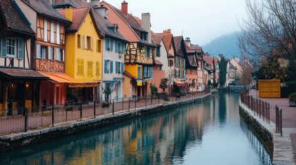 Obraz premium Colorful houses line a tranquil canal reflecting the buildings and a misty mountain.