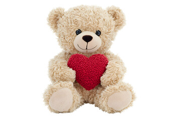 Obraz premium Cute Teddy Bear Holding a Red Heart on White Background