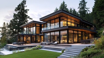 Fototapeta premium Modern luxury home with large glass windows