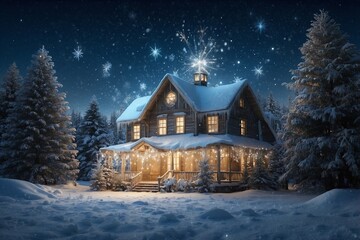 Christmas Night Scene with a Cozy House and Beautiful Christmas Trees
