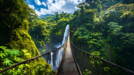 Obraz premium A Breathtaking Suspension Bridge Over a Roaring Waterfall in the Heart of a Lush Jungle Landscape Surrounded by Vibrant Colors and Exotic Wildlife