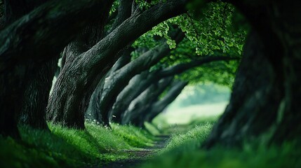 Fototapeta premium A row of trees beside a dirt road in a green grass field