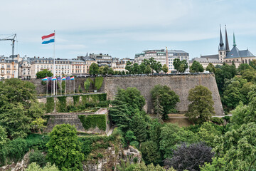 View of the Cathedral of Notre Dame and Luxemburg City, outside the wall in Luxembourg City, Luxembourg