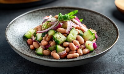A bowl of food with beans, cucumbers, and onions