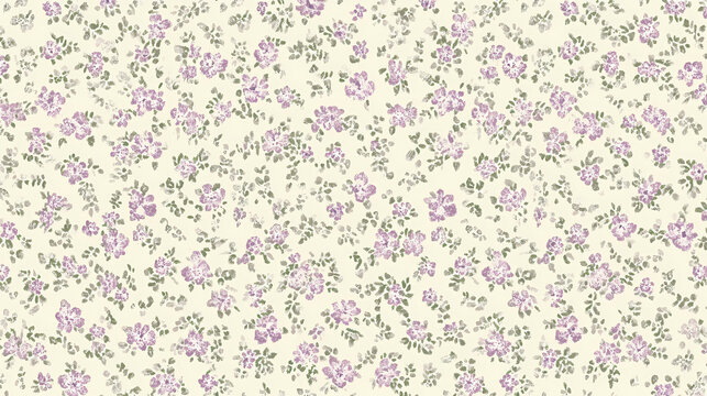Seamless wallpaper pattern of small, ditsy floral print in muted mauve and sage green on a cream background. Floral. Illustration