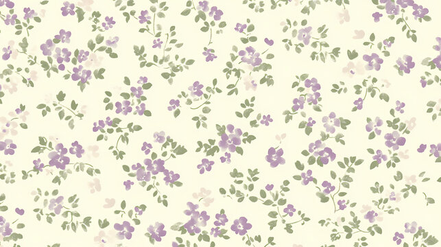Seamless wallpaper pattern of small, ditsy floral print in muted mauve and sage green on a cream background. Floral. Illustration