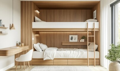 A bedroom with a bunk bed and a desk