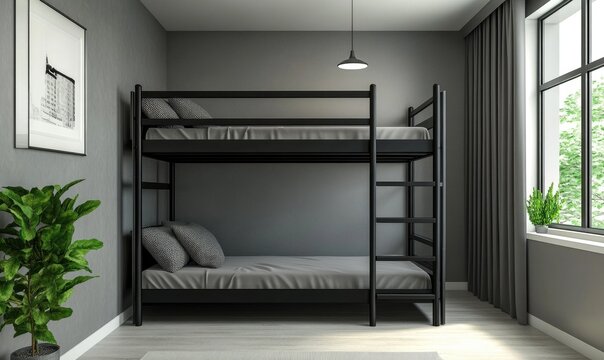 A black bunk bed with a white curtain in front of it