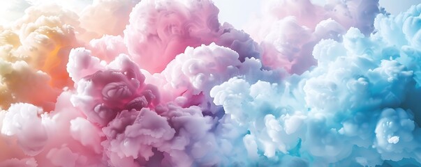 Fototapeta premium Colorful cotton candy clouds blending into a bright white background, offering a cheerful and airy backdrop.