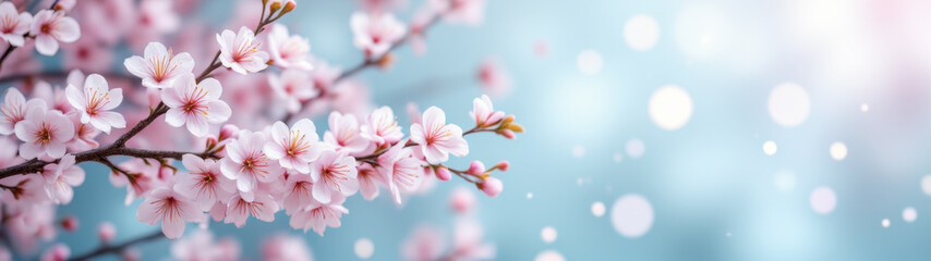 Spring. A branch of a blossoming tree with delicate pink flowers on a light blue background with highlights. Background for congratulations with spring holidays and festive events. AI generative.