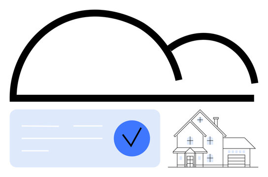 recommend clip art: Graphic of a cloud, blue checkmark on a document, and house outline promoting secure digital storage. Ideal for real estate, home security, digital security, cloud storage, verification processes