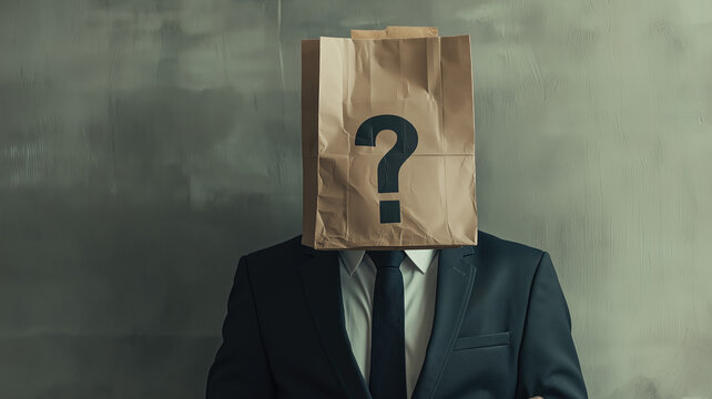 Businessman wearing paper bag on head with a question mark concept