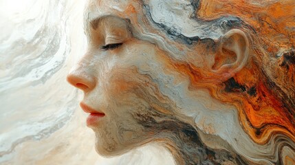 Obraz premium Abstract portrait, stone-like face, earthy tones.