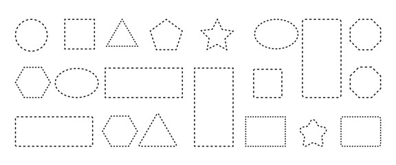 Black dashed frame collection, Dashed outline circle and square border set. Dashed outline geometric border set. Geometric dotted shape pack. 