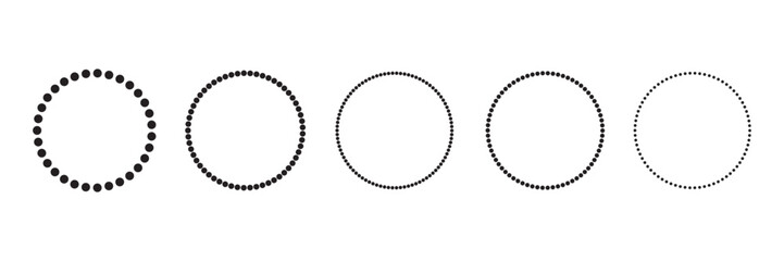 Set of circle shapes with dashed lines, Dashed and dotted circle icon. Black and white broken rings. Dotted round lines, Cut here pictograms for coupons or tags. Vector outline.