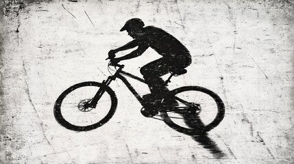 Naklejka premium Silhouette of man cycling on bicycle in grunge black and white art