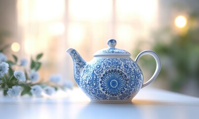 A blue and white tea pot with a floral design sits on a table