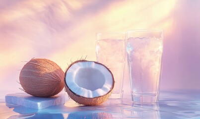 A glass of water with a coconut on top of it