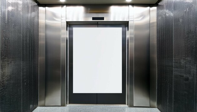 mock up vertical poster media template frame hanging on the wall in modern elevator lift with glass wall
