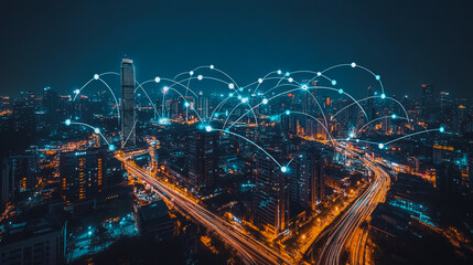 Fototapeta premium Smart digital city with connection cyber security network reciprocity over the cityscape . future smart wireless digital city and social media networking systems that connects people within the city