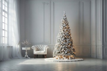 Fototapeta premium White Christmas Tree Decorated with Silver Ornaments and Lights in a Bright Room