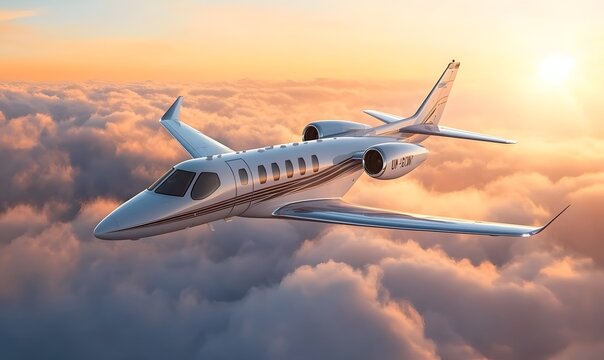 Sleek private jet flying above the clouds at sunset