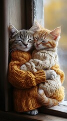 Two Cats Relaxing in Knitted Sweaters Watching Fall Leaves Peacefully image