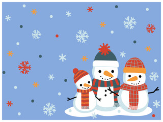 Snowman family mom, dad and child. Cute Christmas vector greeting card. Snow and snowflakes on a blue background.