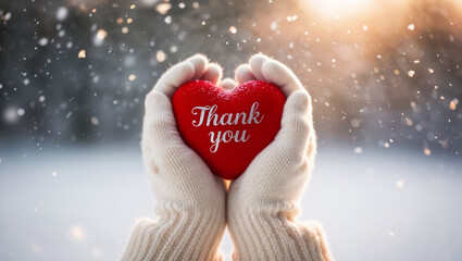 hands in warm gloves holding a red heart with the inscription thank you, sunny snowy day