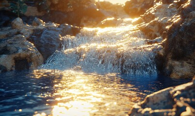 Obraz premium A stream of water is flowing down a rocky hill