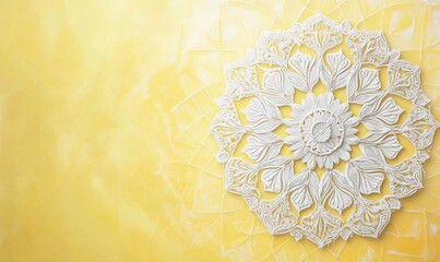A yellow background with a white flower in the center