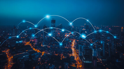 Obraz premium Smart digital city with connection cyber security network reciprocity over the cityscape . future smart wireless digital city and social media networking systems that connects people within the city