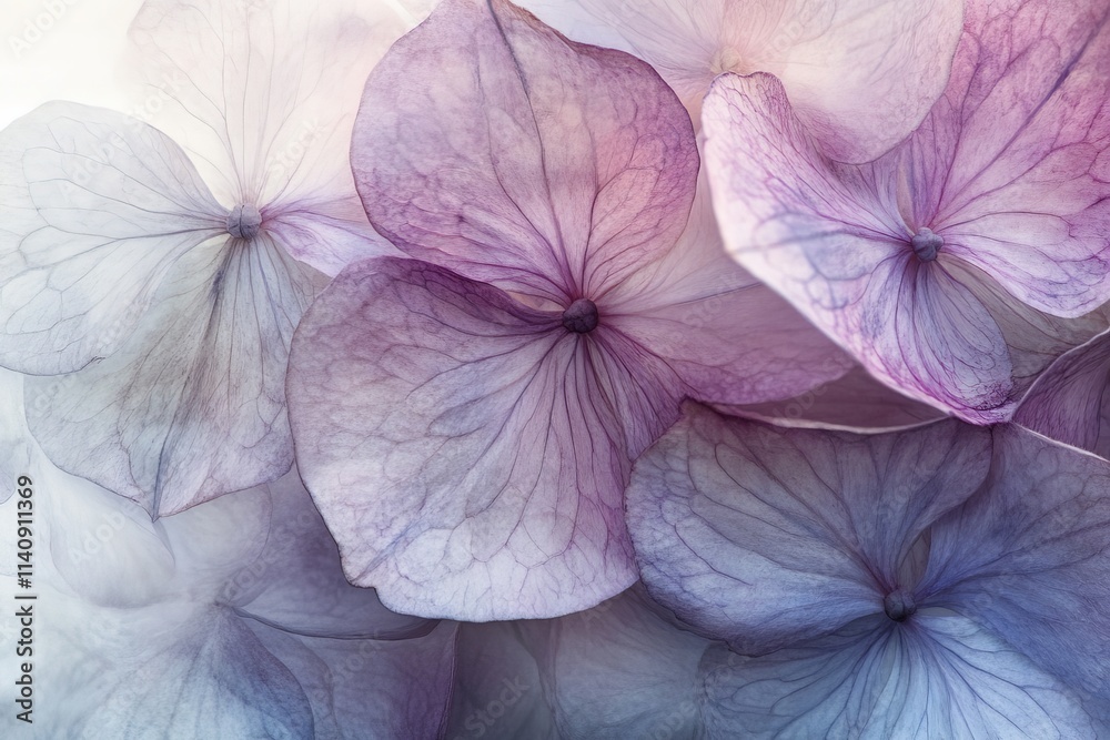 Poster a beautiful arrangement of translucent hydrangea petals in soft pastel colors, creating a gentle and