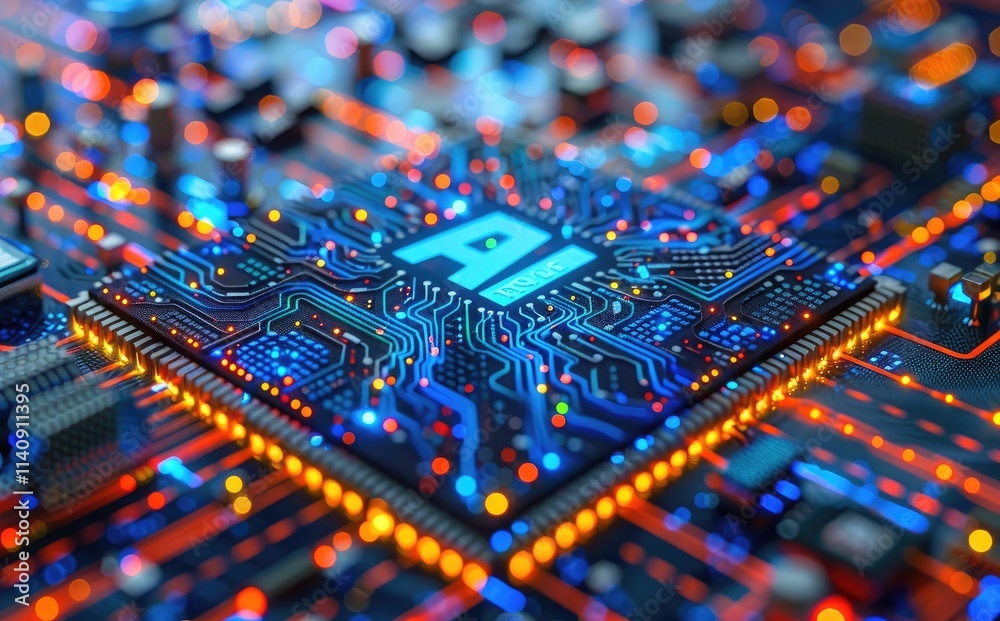 Poster Close-up of an AI chip, surrounded by glowing lights and intricate circuit patterns, with a background filled with digital elements, representing advanced technology