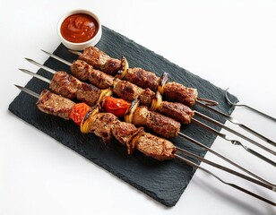 delicious grilled kebabs on skewers on white background