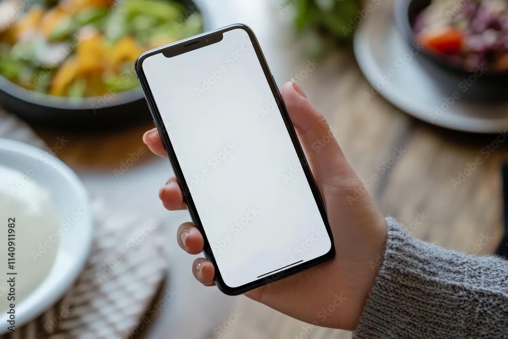 Aufkleber An empty smartphone screen held in a hand rests upon a rustic table surrounded by fresh food, emphasizing the connection between technology and modern lifestyle choices.