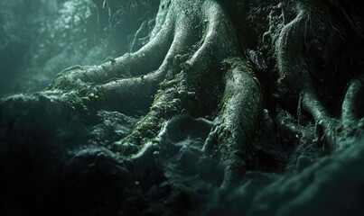 A large tree root is covered in moss