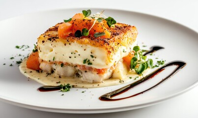 A plate of food with a white sauce and a garnish of parsley