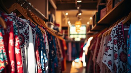 Obraz premium Colorful Floral Dresses Displayed in a Boutique Shop